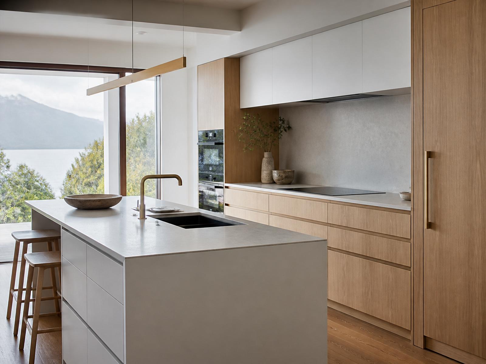 Bespoke Mr Shelf kitchen with matte cabinets and timber shelving